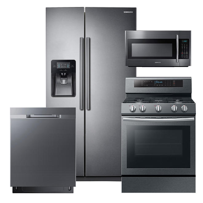 SAMSUNG 24.5 Cu. Ft. Side-by-Side Refrigerator,  Gas Range, Microwave, and Dishwasher Package - Black Stainless Steel - RS25J500DSG, NX58M6630SG, DW80K5050UG, ME18H704SFG