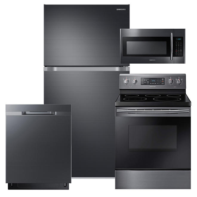 SAMSUNG 18 Cu. Ft. Top Freezer Refrigerator with FlexZone™,  Electric Range, Mircowave, and Dishwasher Package - Black Stainless Steel - RT18M6215SG, NE59M4320SG, DW80K5050UG, ME18H704SFG