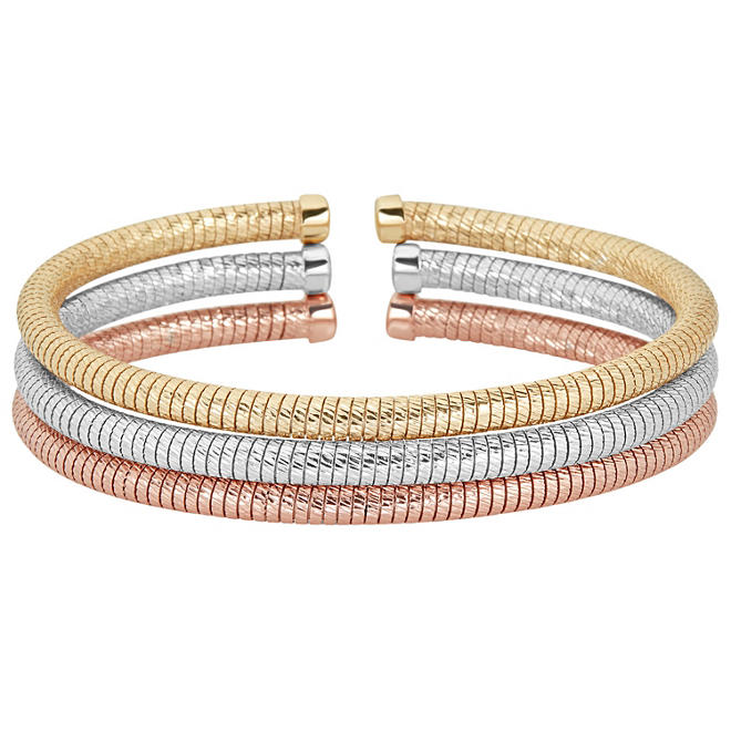 Italian Sterling Silver and 18K Gold Plated Diamond Cut Bangle Set
