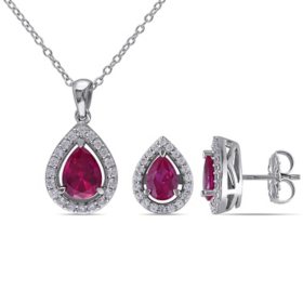 Lab Created Gemstone Teardrop Halo Pendant and Stud Earrings Set in Sterling Silver