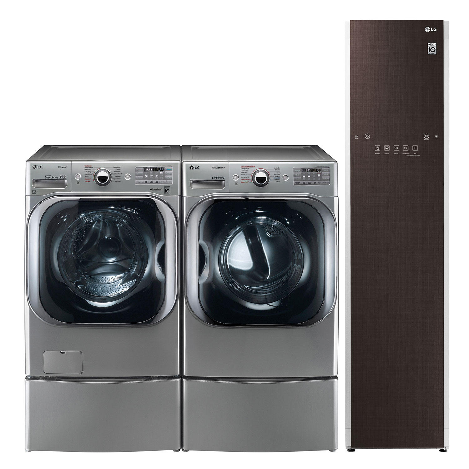 LG Ultimate Laundry Room with LG WM8100HVA 5.2 cu ft Mega Capacity Washer, LG DLEX8100V / DLGX8101 9.0 cu ft Mega Capacity TrueSteam Dryer, Pedestal with Storage Drawer and LG S3RFBN Steam Clothing Care System