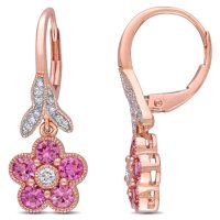 Pink Sapphire and 0.12 CT. T.W. Diamond Floral Drop Earrings in 14K Rose Gold