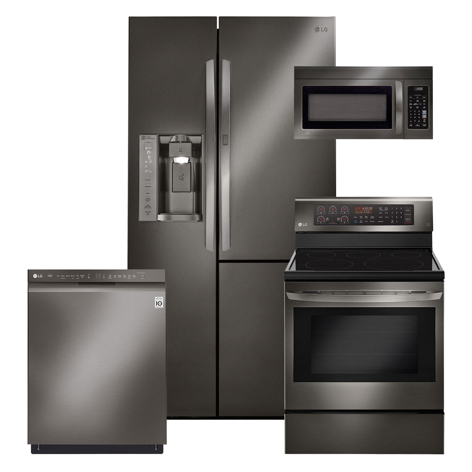 LG 4 Piece Kitchen Suite Set with 26 CuFt Door-in_Door Refrigerator, 6.3 cu ft Single Oven Range, 1.8 cu ft 1000 Watt OTR Microwave, Front Control Dishwasher
