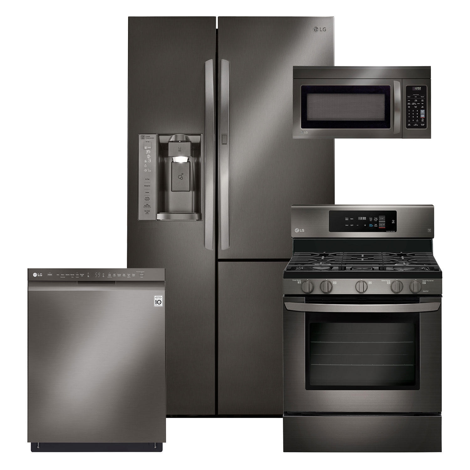 LG 4 Piece Kitchen Suite Set with 26 cu.ft Side-by-Side Refrigerator, GAS Convection Range, Microwave and Dishwasher