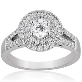 Superior Quality VS Collection 1.0 CT. T.W. Double Halo Split Shank Diamond Ring in 18K White Gold (I, VS2)
