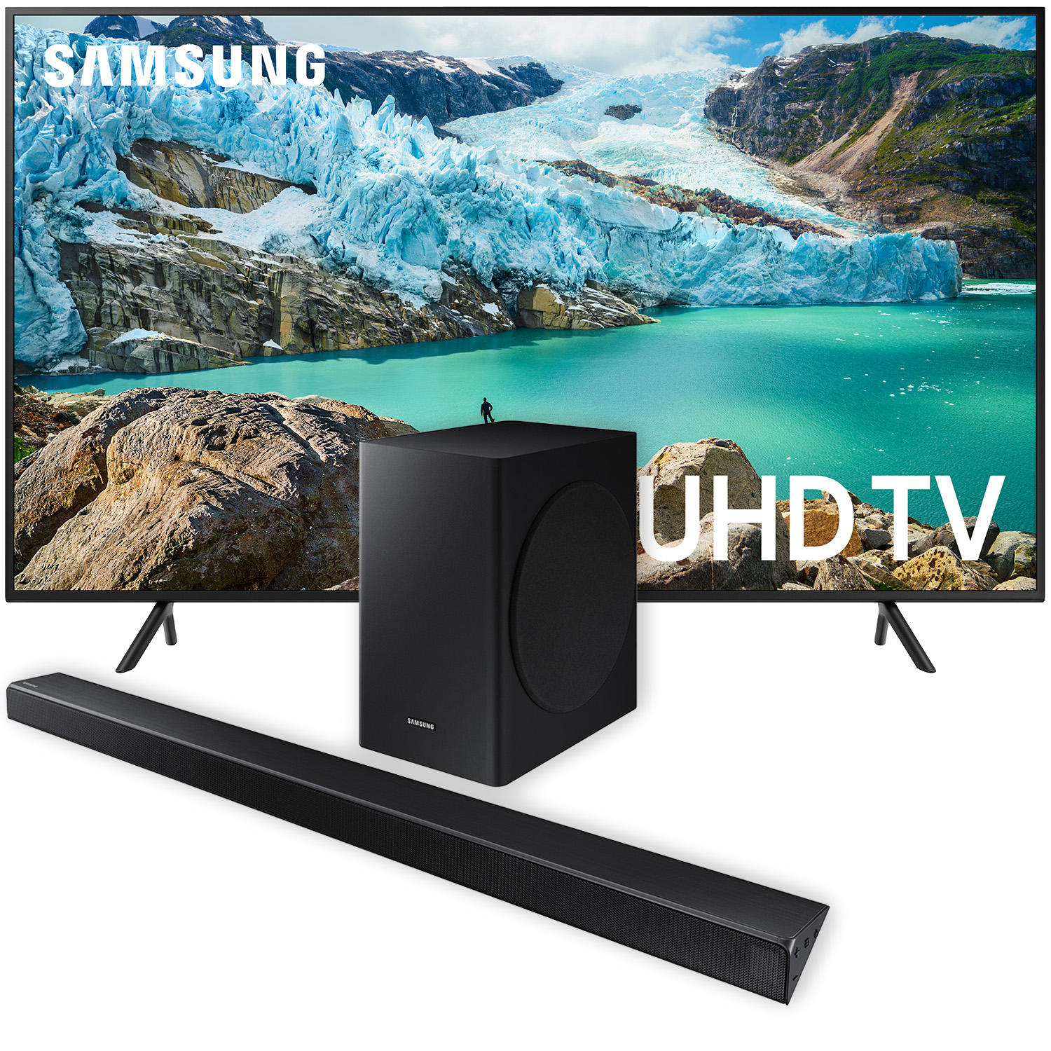 SAMSUNG UN75RU710DFXZA 75″ 7-Series 4K Ultra HD Smart HDR TV + SAMSUNG (HW-R60C/ZA) 3.1 Channel Dolby Digital Soundbar with Wireless Subwoofer