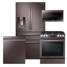 Samsung 4 Piece Kitchen Suite with 4-Door Food Showcase Refrigerator, Slide-In Gas Range, Range Microwave, Dishwasher