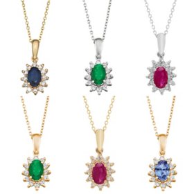 Oval Cut Gemstone & 0.18 CT. T.W. Starburst Pendant Necklace in 14K Gold