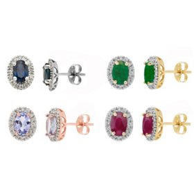 Oval Cut Gemstone & Diamond Halo Stud Earrings in 14K Gold