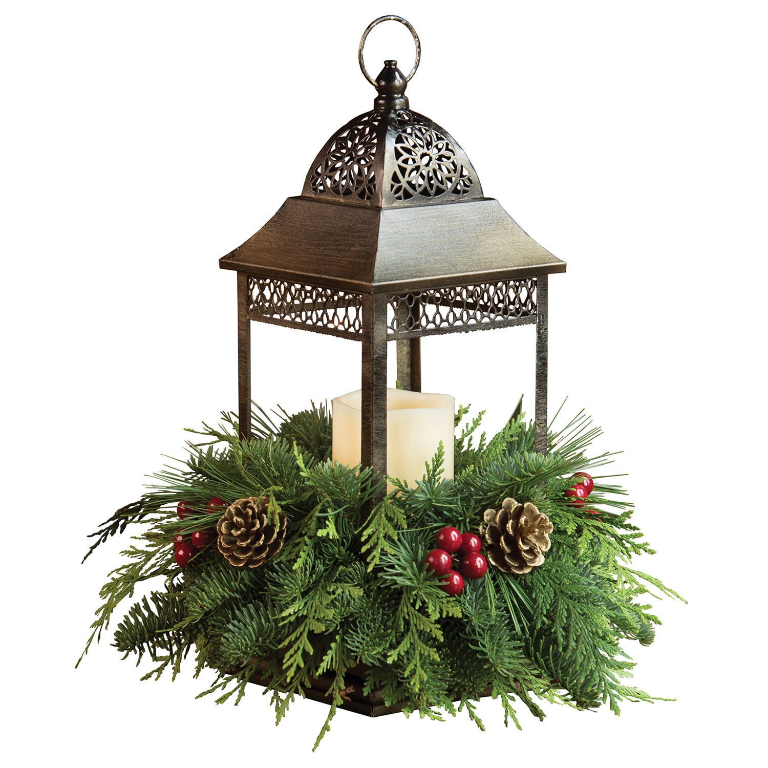 Bronze LED Candle Lantern with Fresh Greens Centerpiece