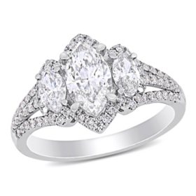 Elegance by Allura 1.66 CT. T.W. Marquise and Round-Cut Diamond Three Stone Halo Engagement Ring in 14k White Gold