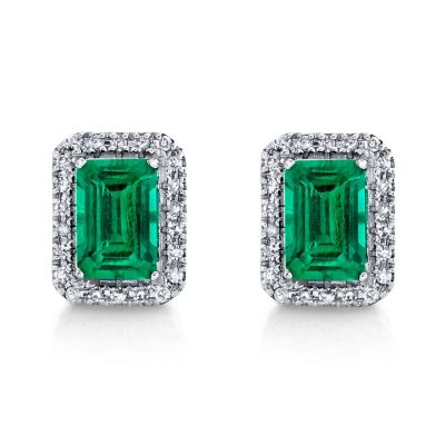 Emerald Cut Lab Created Emerald & 0.11 CT. T.W. Diamond Stud Earrings ...