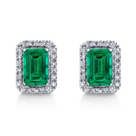 Emerald Cut Lab Created Emerald & 0.11 CT. T.W. Diamond Stud Earrings in Sterling Silver