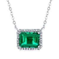 925 Sterling Silver Lab Created Emerald and 0.08 CT. T.W. Diamond Necklace