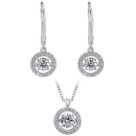 925 Sterling Silver Dancing Lab Created White Sapphire Pendant and Earring Set