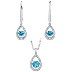 925 Sterling Silver Dancing Blue Topaz and Lab Created White Sapphire Pendant and Earring Set