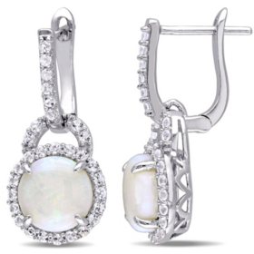 Opal and White Topaz Hinged Hoop Halo Earrings in Sterling Silver