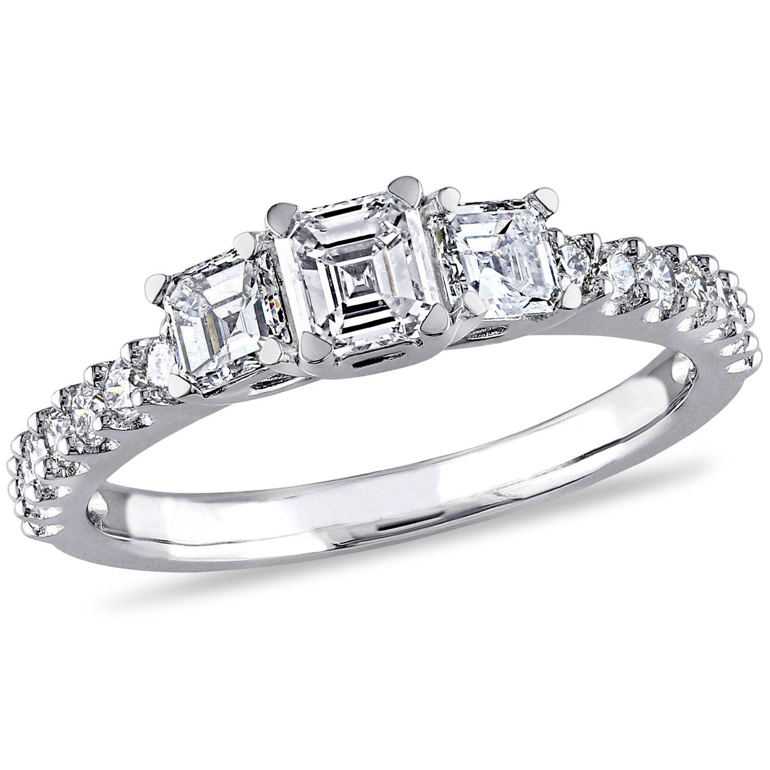 Allura 1 CT. T.W. Asscher and Round-Cut Diamond 3-Stone Engagement Ring in 14k White Gold