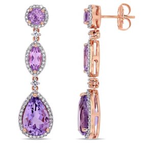 Allura Amethyst, Rose de France and White Sapphire with 0.58 CT. T.W. Diamond Dangle Earrings in 14K Rose Gold