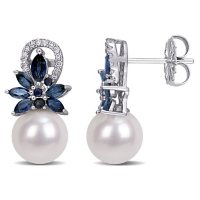Blue Sapphire and 9-9.5 mm White Cultured Freshwater Pearl with 0.11 CT.T.W Diamond Floral Earrings in 14K White Gold