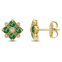 Emerald and 0.11 CT.T.W Diamond Stud Earrings in 14K Yellow Gold