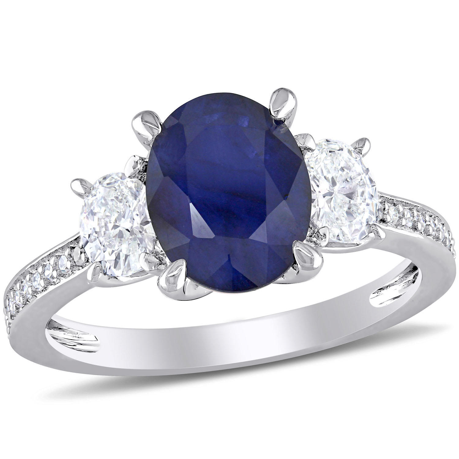 2.6 CT. T.G.W. Sapphire and 0.6 CT. T.W. Diamond Three-Stone Engagement Ring in 14k White Gold 7