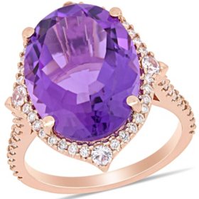Allura Amethyst and White Sapphire with Diamond Accent Halo Cocktail Ring in 14K Rose Gold
