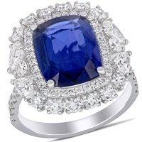 Allura Blue Sapphire and 2.07 CT. T.W. Pear and Round-Cut Diamond Double Halo Ring in 14K White Gold