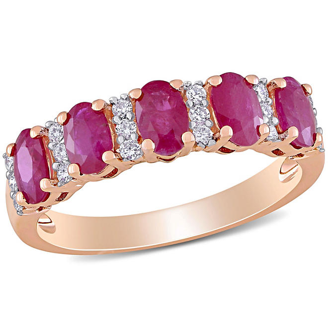 Ruby and 0.13 CT. T.W. Diamond 5-Stone Wedding Ring in 14K Rose Gold