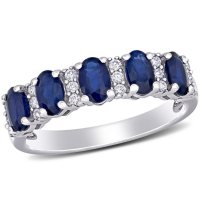 Blue Sapphire and 0.13 CT. T.W. Diamond 5-Stone Wedding Ring in 14K White Gold