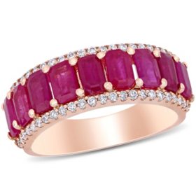 Allura Ruby and 0.28 CT. T.W. Diamond 9-Stone Wedding Ring in 14K Rose Gold