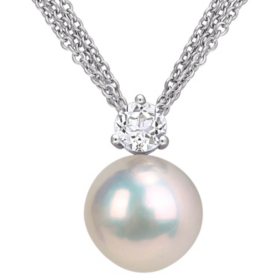 11-12mm White Round Cultured Freshwater Pearl and White Topaz Drop Pendant in Sterling Silver