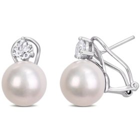 11-12 mm White Round Cultured Freshwater Pearl and White Topaz Clipback Earrings in Sterling Silver