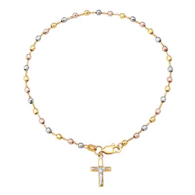 Tri-Color Beaded Rosary Bracelet in 14K Gold, 7.5