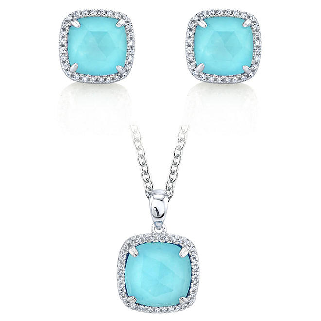 Sterling Silver Arizona Turquoise and 0.18 CT. T.W. Diamond Earring and Pendant Doublet Set 