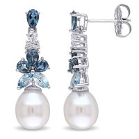 8.5 - 9 MM White Freshwater Cultured Pearl, London-Blue Topaz, Sky-Blue Topaz and White Topaz Dangle Earrings in Sterling Silver