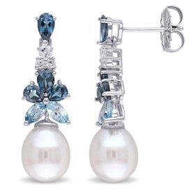 8.5-9 MM Freshwater Cultured Pearl Blue and White Topaz Drop Earrings in Sterling Silver