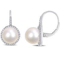 9.5 - 10 MM White Freshwater Cultured Pearl and 0.28 CT. T.W. Diamond Halo Leverback Earrings in 14K White Gold