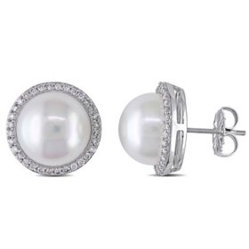 Allura 12.5 - 13 MM White Freshwater Cultured Pearl and 0.45 CT. T.W. Diamond Halo Earrings in 14K White Gold