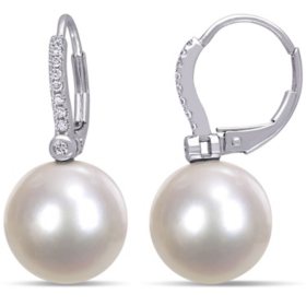 10.5-11 MM White South Sea Pearl and 0.11 CT. T.W. Diamond Leverback Earrings in 14K White Gold