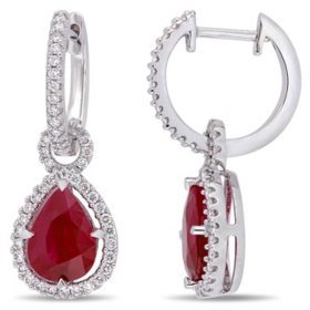Ruby and 0.36 CT. T.W. Diamond Teardrop Halo Cuff Earrings in 14K Gold
