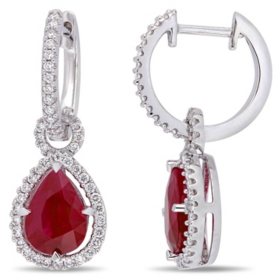 Allura Ruby and 0.36 CT. T.W. Diamond Teardrop Halo Cuff Earrings in 14K White Gold