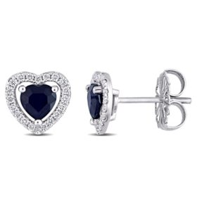 Blue Sapphire and 0.17 CT. T.W. Diamond Halo Heart Stud Earrings in 14K White Gold