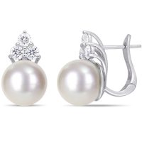 Allura White Round South Sea Pearl and 0.95 CT. T.W. Diamond Floral Earrings in 14K White Gold
