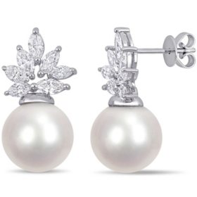 Allura White Round South Sea Pearl and 1.45 CT. T.W. Diamond Floral Drop Stud Earrings in 14K White Gold