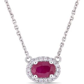 Ruby and 0.08 CT. T.W. Diamond Oval Halo Necklace in 14K White Gold