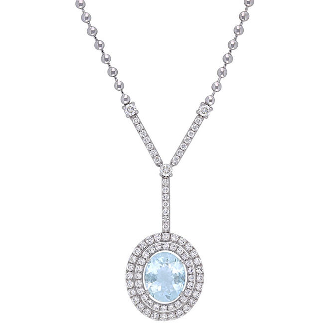 Allura Aquamarine and 1.45 CT. T.W. Diamond Oval Halo Necklace in 14K White Gold, 17.5"