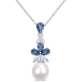 9.5-10 MM White Freshwater Cultured Pearl London-Blue Topaz Sky-Blue Topaz and White Topaz Drop Pendant in Sterling Silver