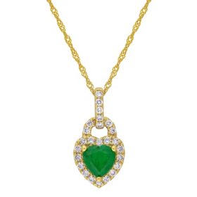 Emerald and 0.22 CT. T.W. Diamond Halo Heart Pendant in 14K Yellow Gold