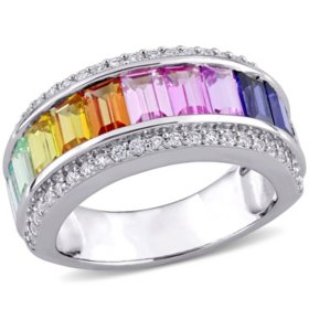 Emerald Cut Multi-Gemstone Semi-Eternity Ring in Sterling Silver